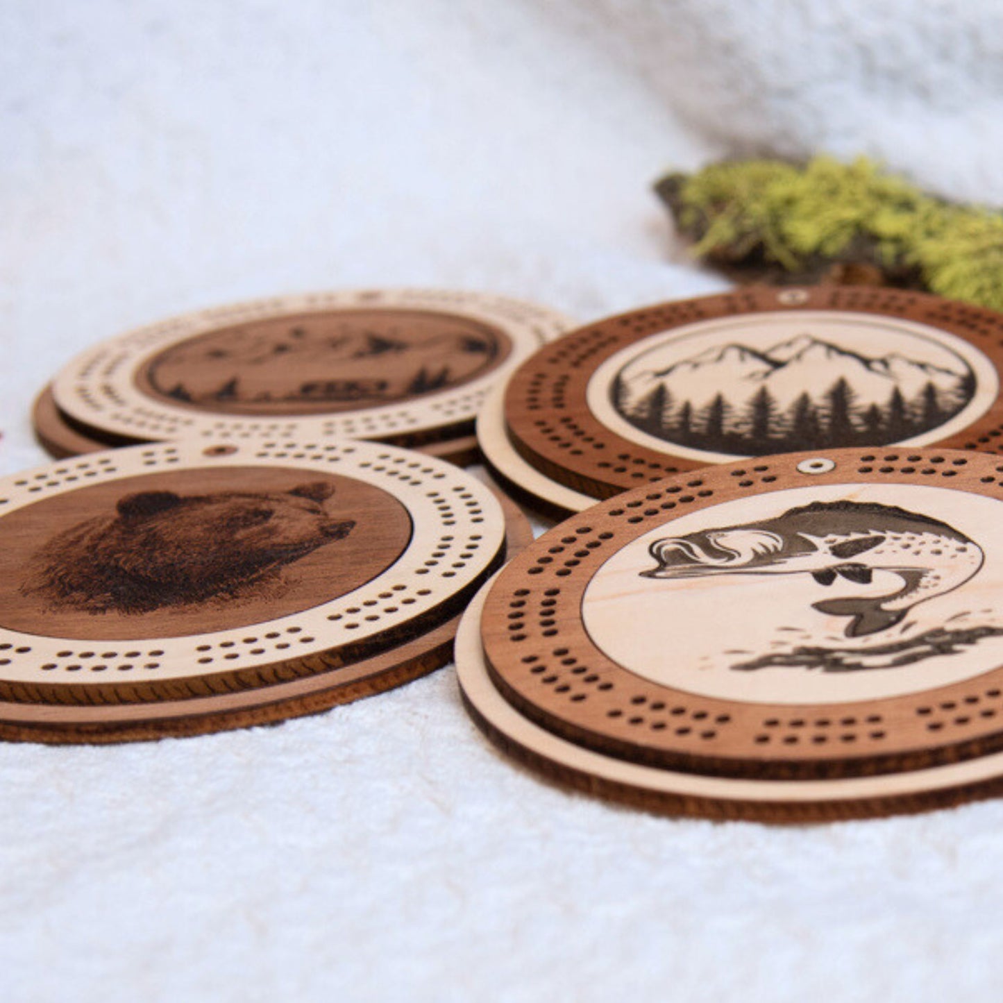 Camping Scene Engraved Mini Circle Cribbage Board