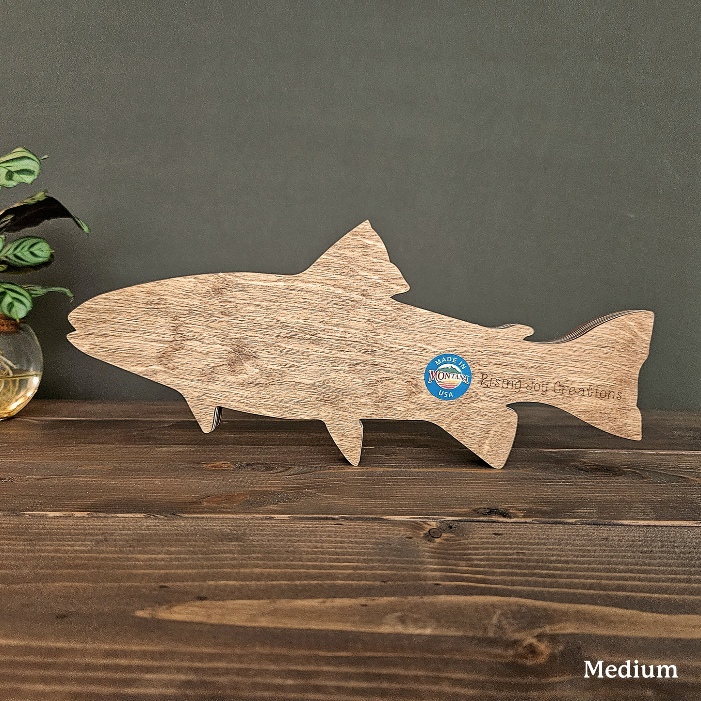 Layered Wood Fish Art With Mountains and Trees