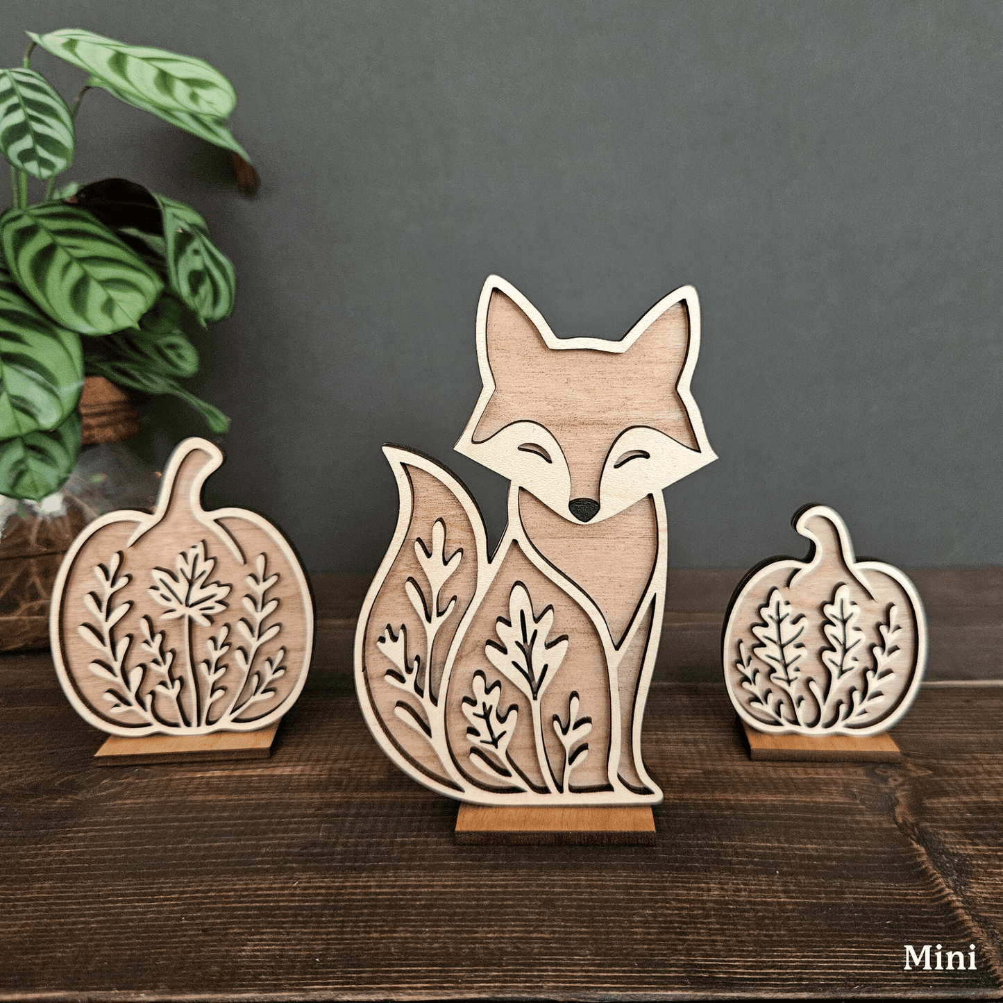 Wooden Fox & Pumpkin Trio – Mini & Large Rustic Woodland Shelf Sitters