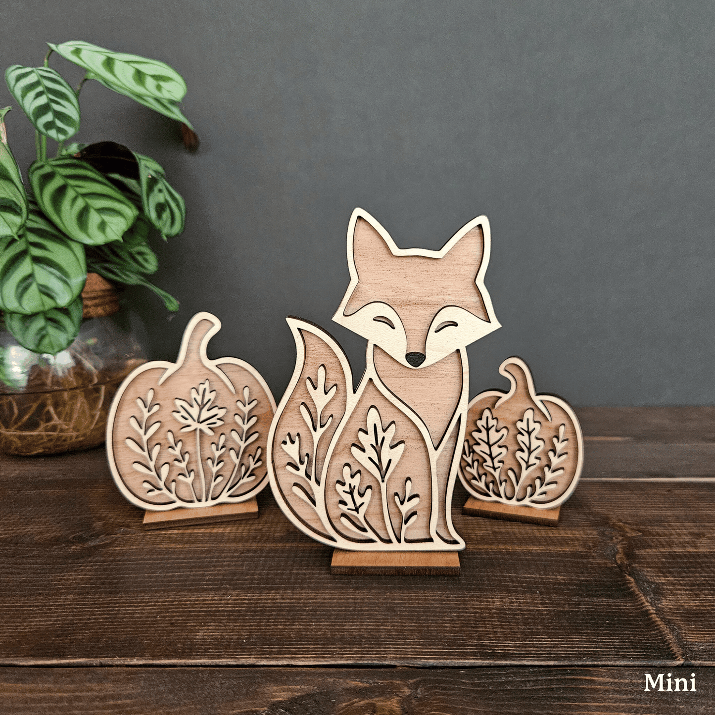 Wooden Fox & Pumpkin Trio – Mini & Large Rustic Woodland Shelf Sitters