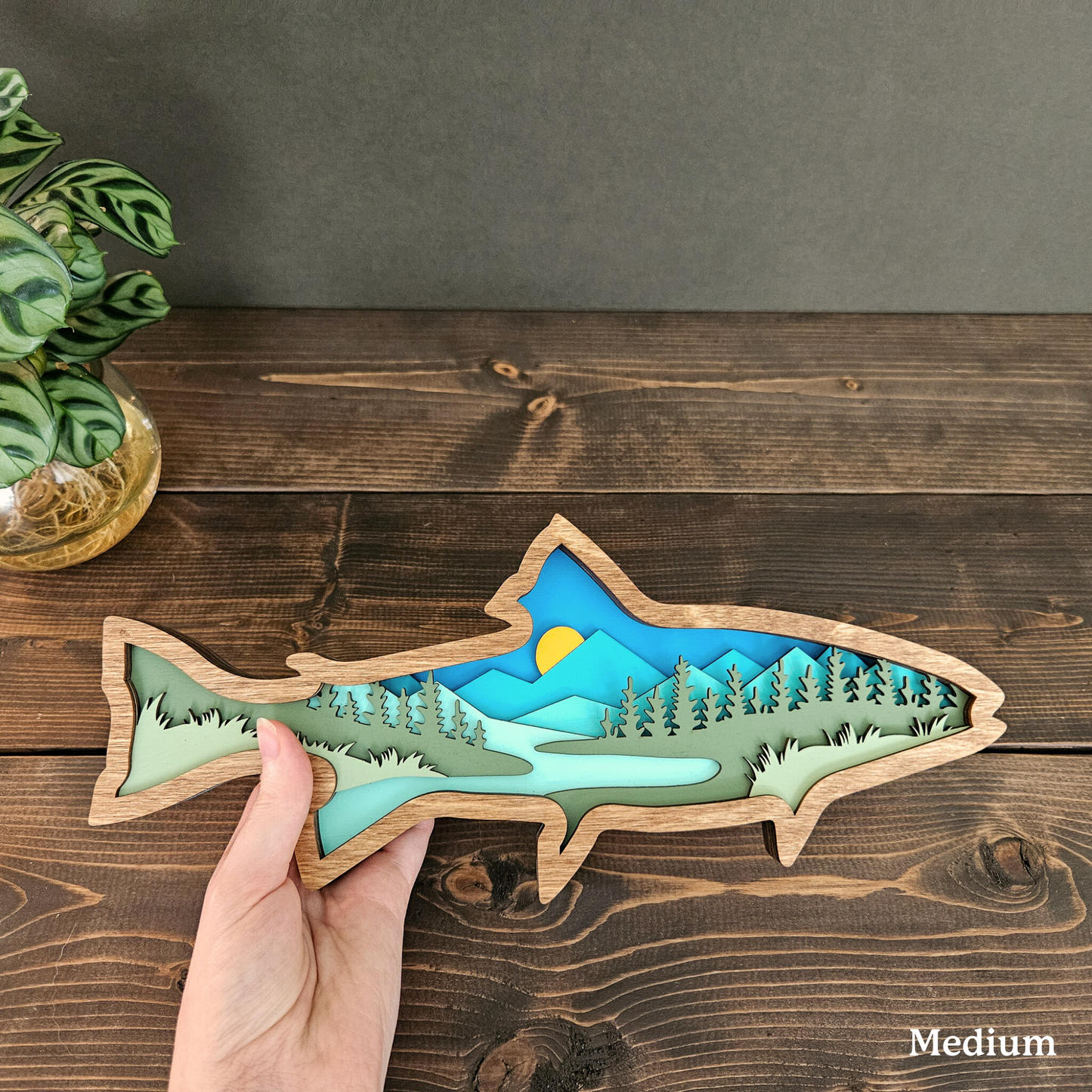 Layered Wood Fish Art With Mountains and Trees