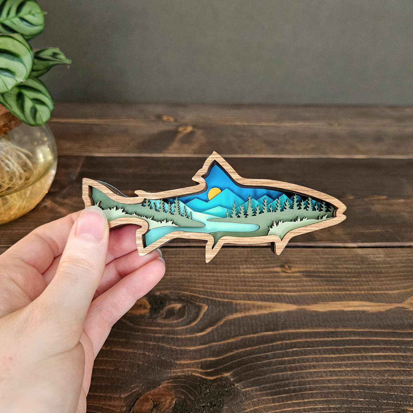 Layered Wood Fish Art With Mountains and Trees
