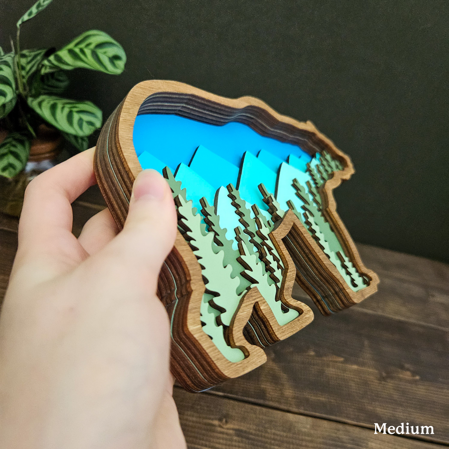 3D Layered Wood Grizzly Bear Art With Mountain and Forest Landscape