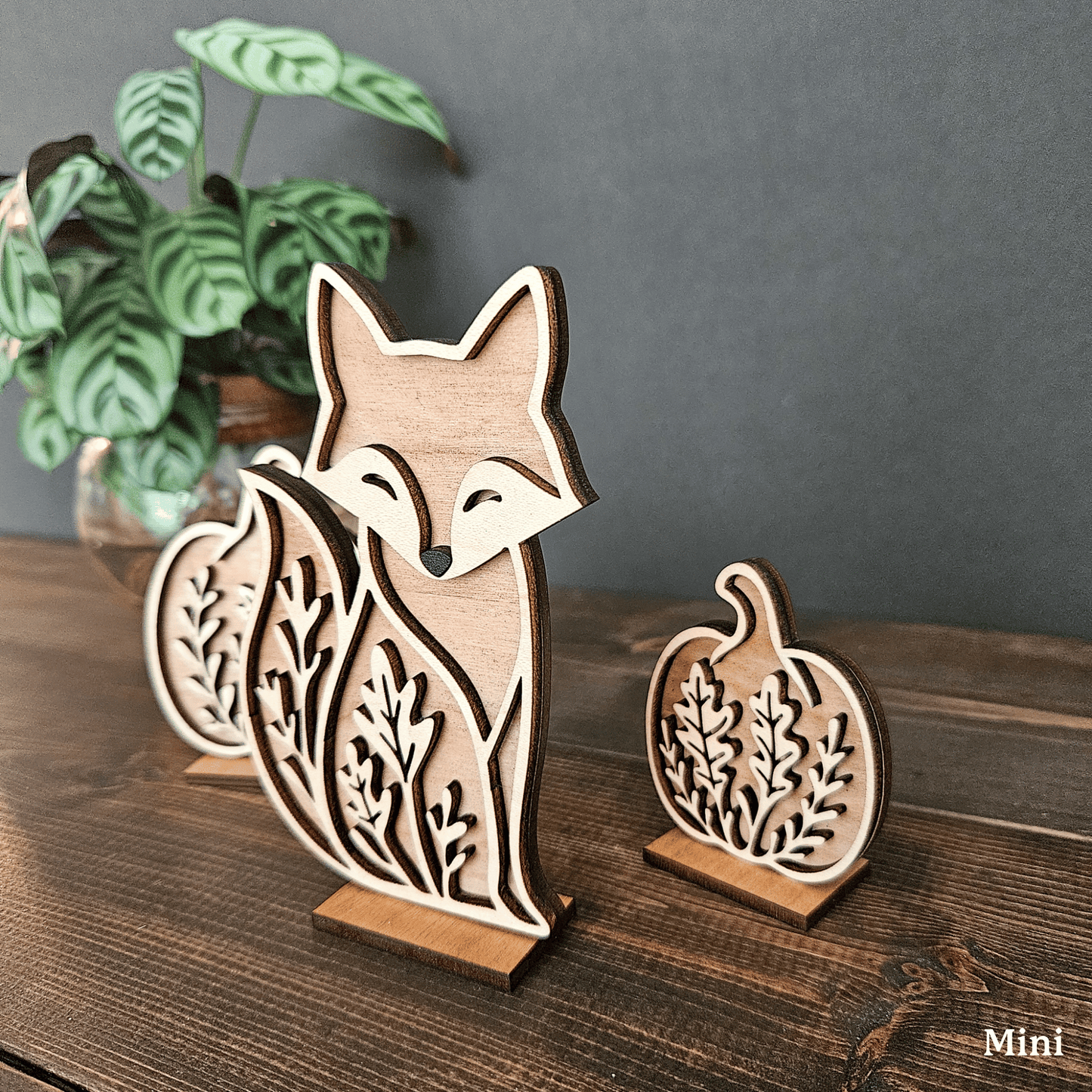 Wooden Fox & Pumpkin Trio – Mini & Large Rustic Woodland Shelf Sitters