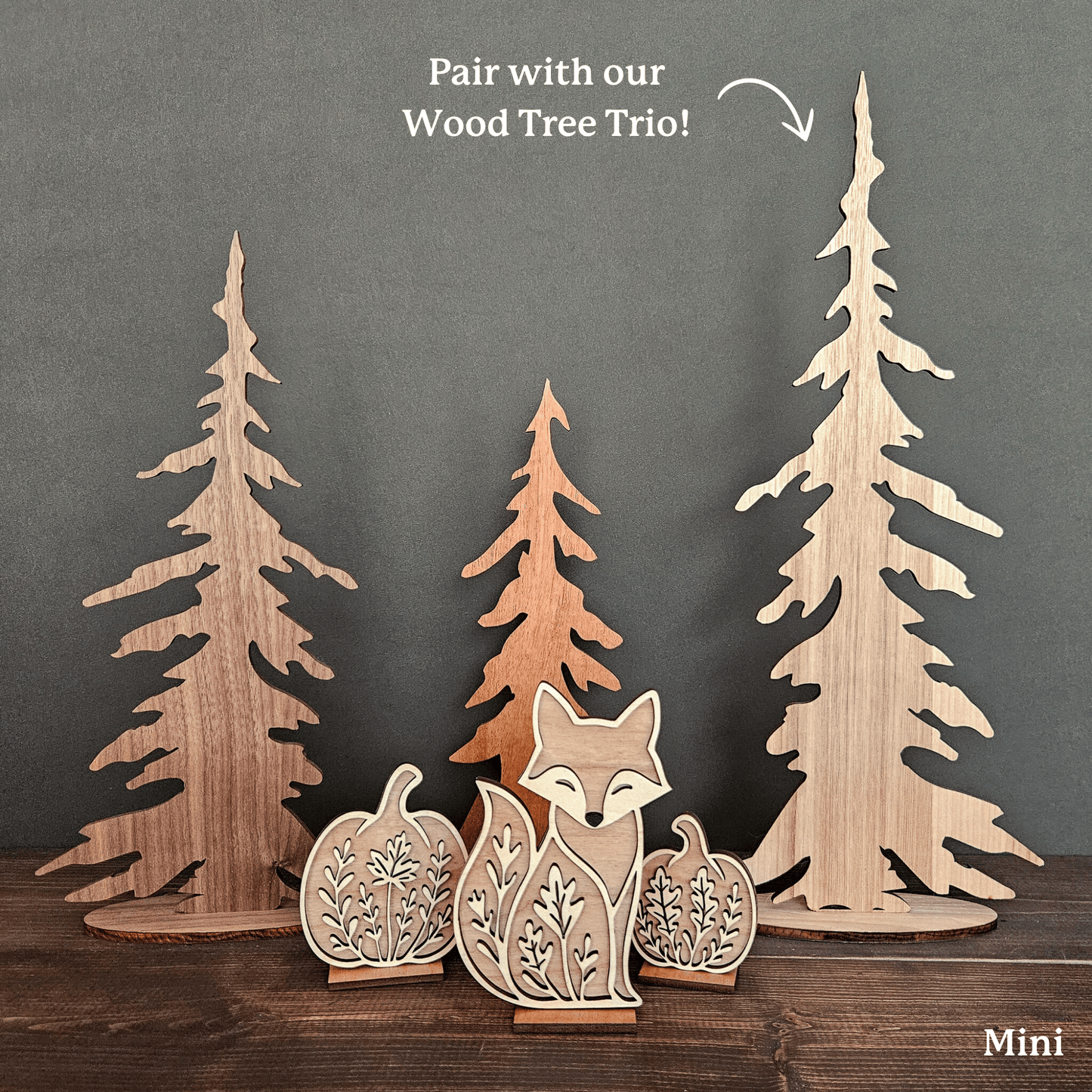 Wooden Fox & Pumpkin Trio – Mini & Large Rustic Woodland Shelf Sitters