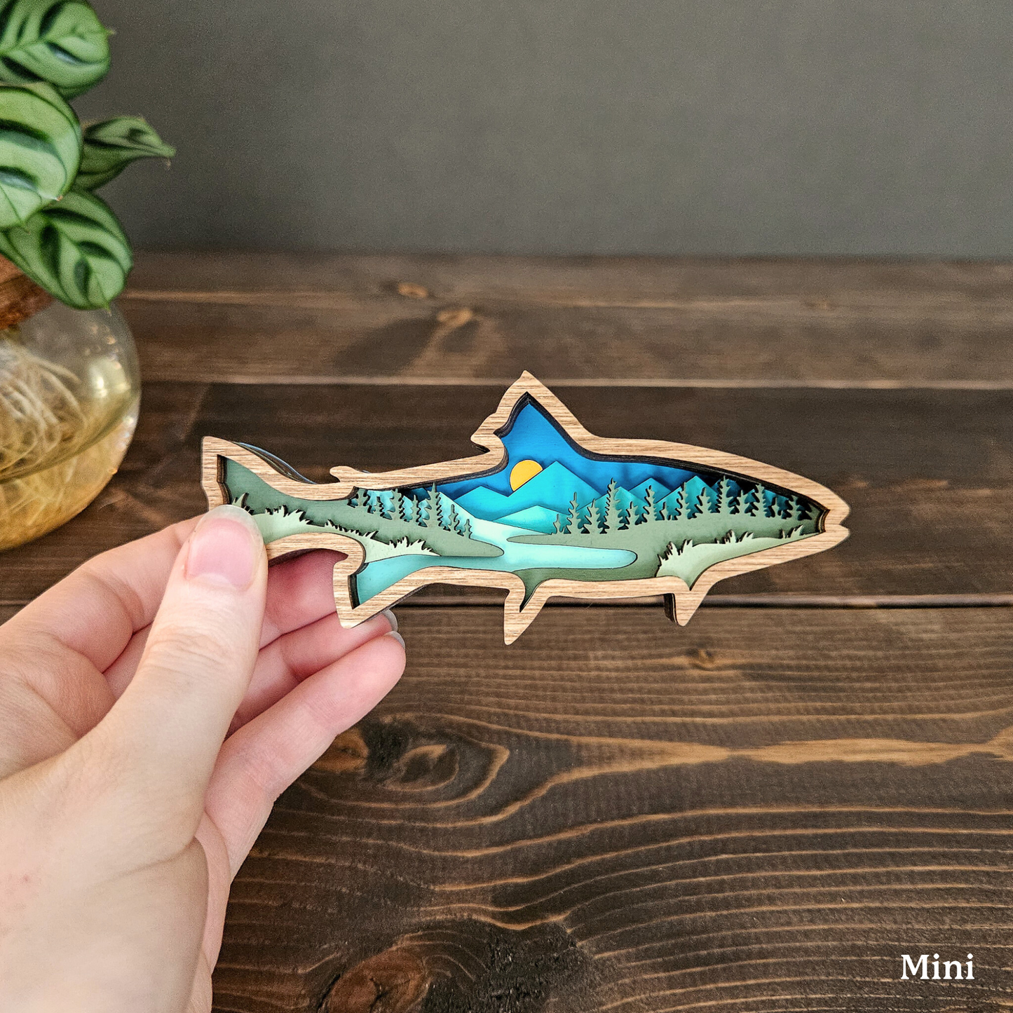 Layered Wood Fish Art With Mountains and Trees