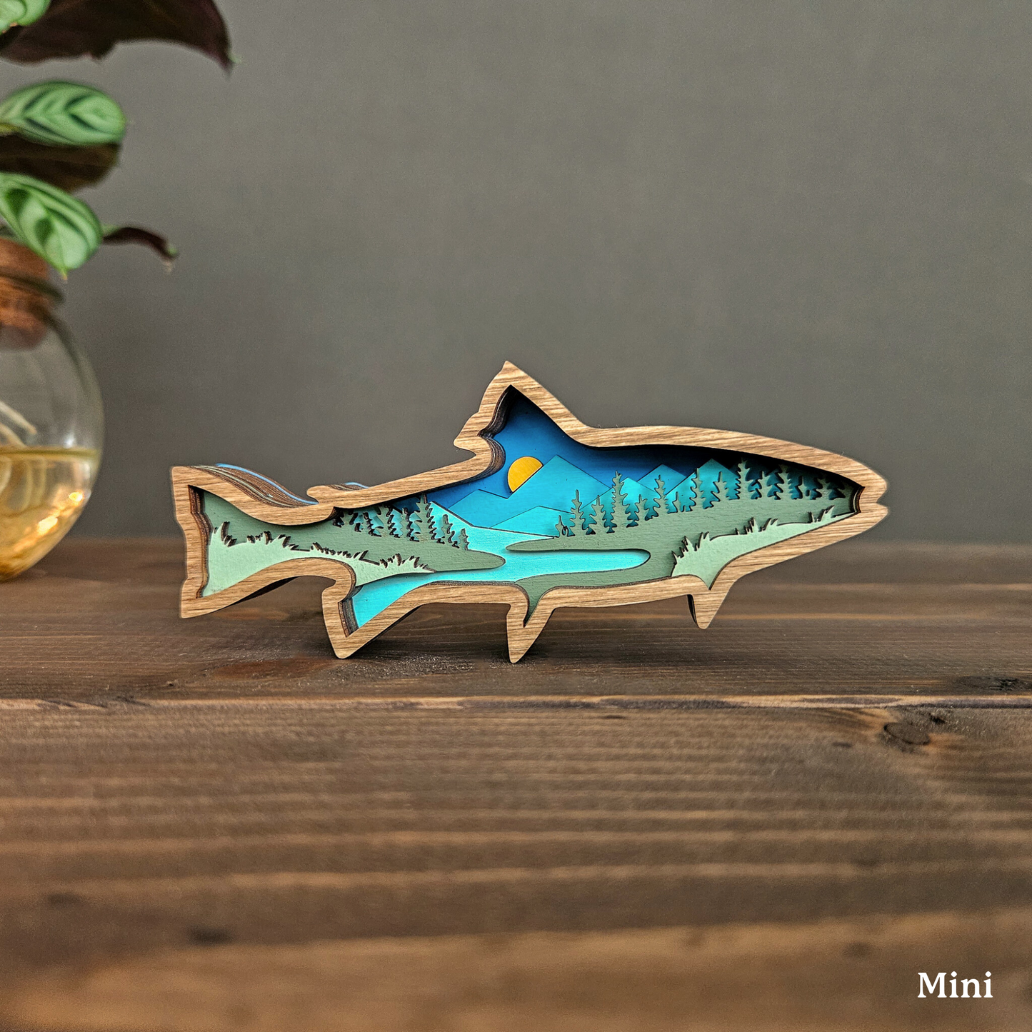 Layered Wood Fish Art With Mountains and Trees