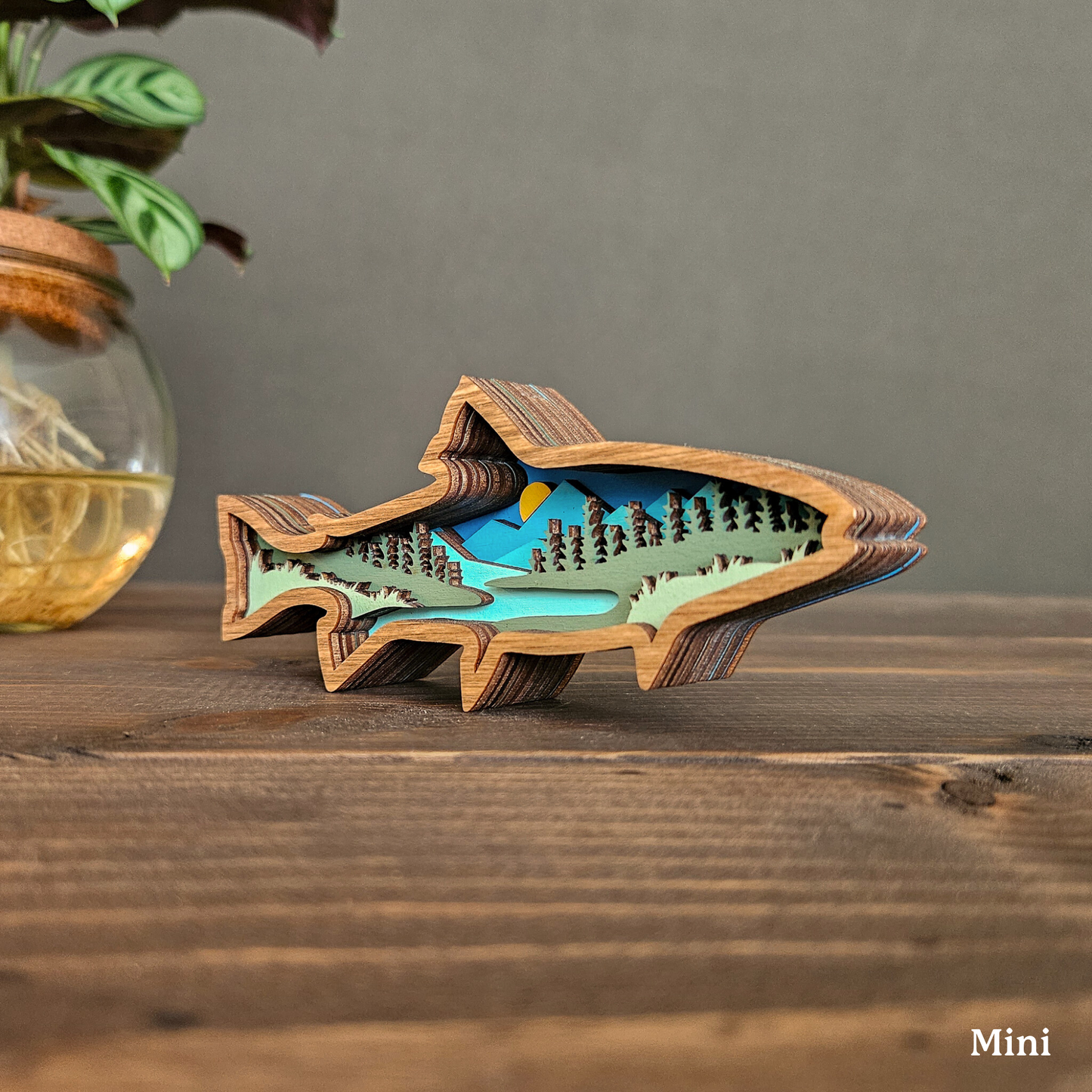 Layered Wood Fish Art With Mountains and Trees
