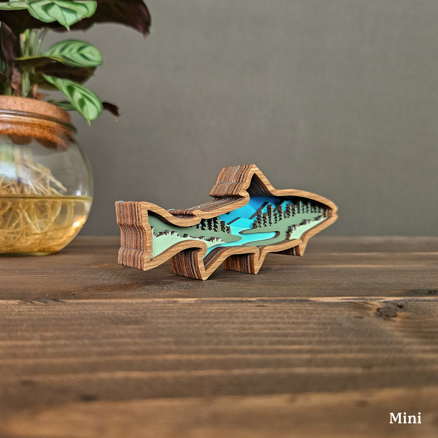 Layered Wood Fish Art With Mountains and Trees