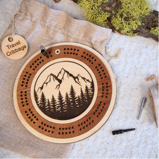 Mountain Scene Engraved Mini Circle Cribbage Board