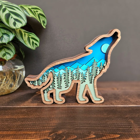 Layered Wolf Art with Mountains & Trees