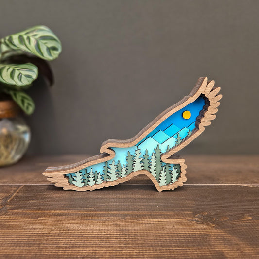 3D Layered Eagle Art with Mountains and Trees