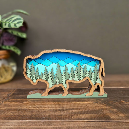 3D Layered Bison Art with Mountains & Trees