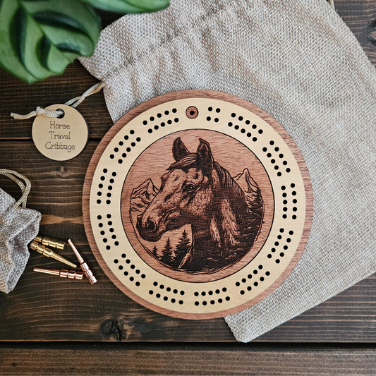 Wild Horse Engraved Mini Circle Travel Cribbage Board