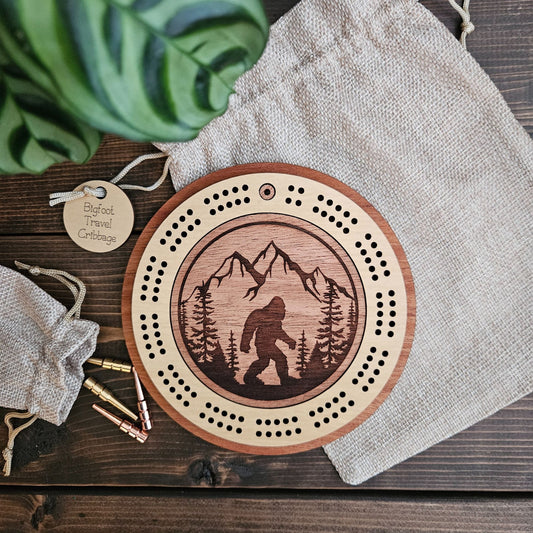 Bigfoot Engraved Mini Circle Travel Cribbage Board