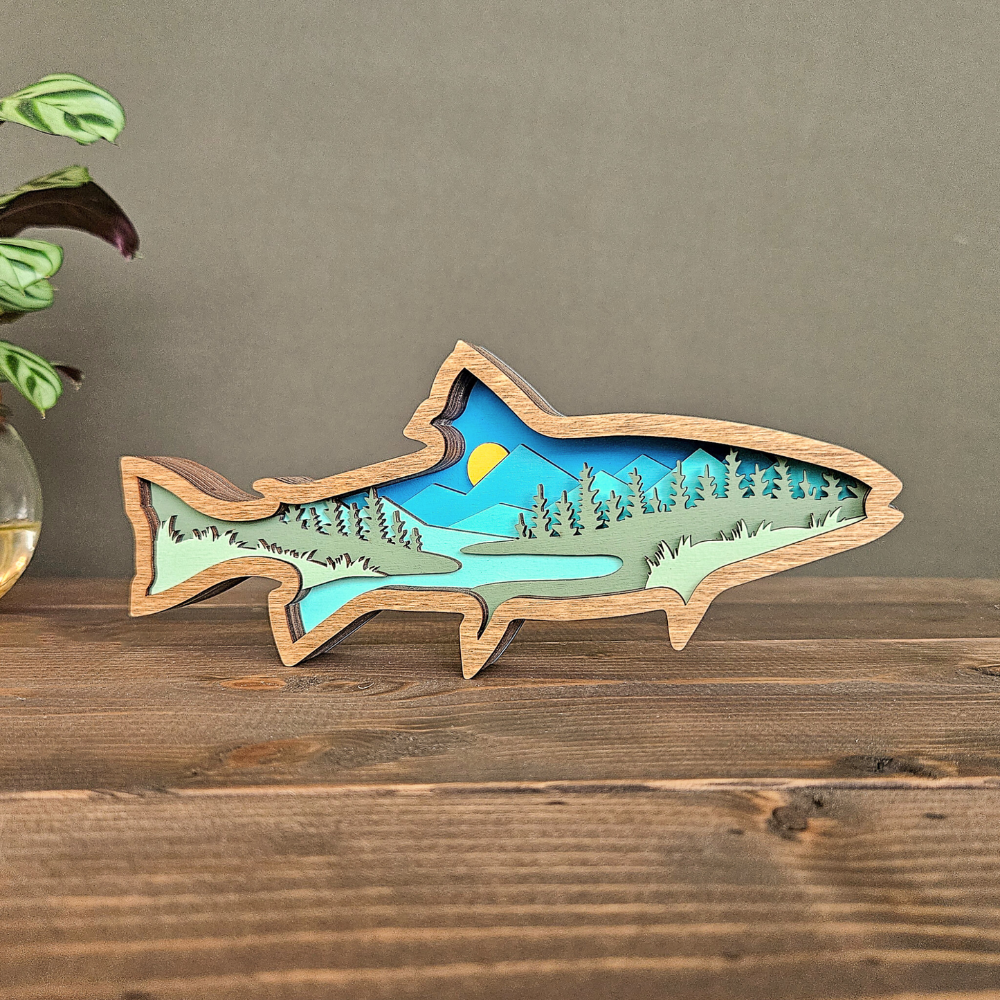 Layered Wood Fish Art With Mountains and Trees