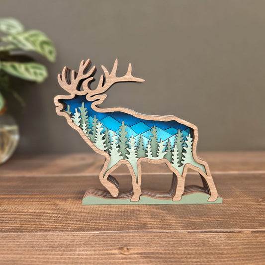 Layered Elk Art with Mountains and Trees