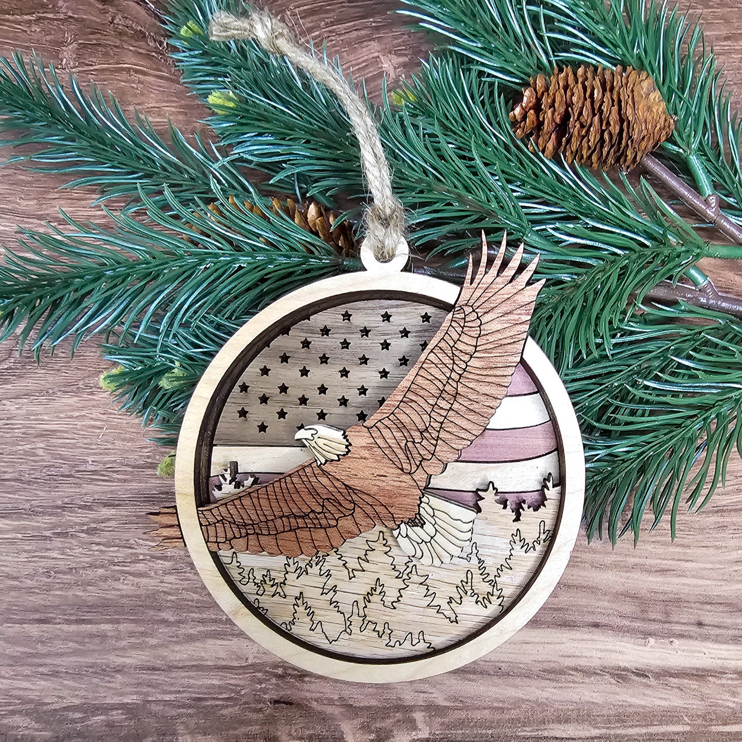 Wood Quilt Eagle Ornament-Natural