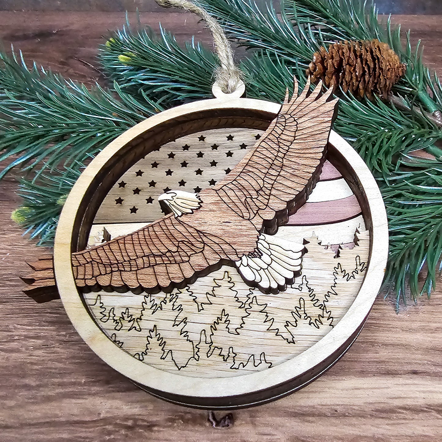 Wood Quilt Eagle Ornament-Natural