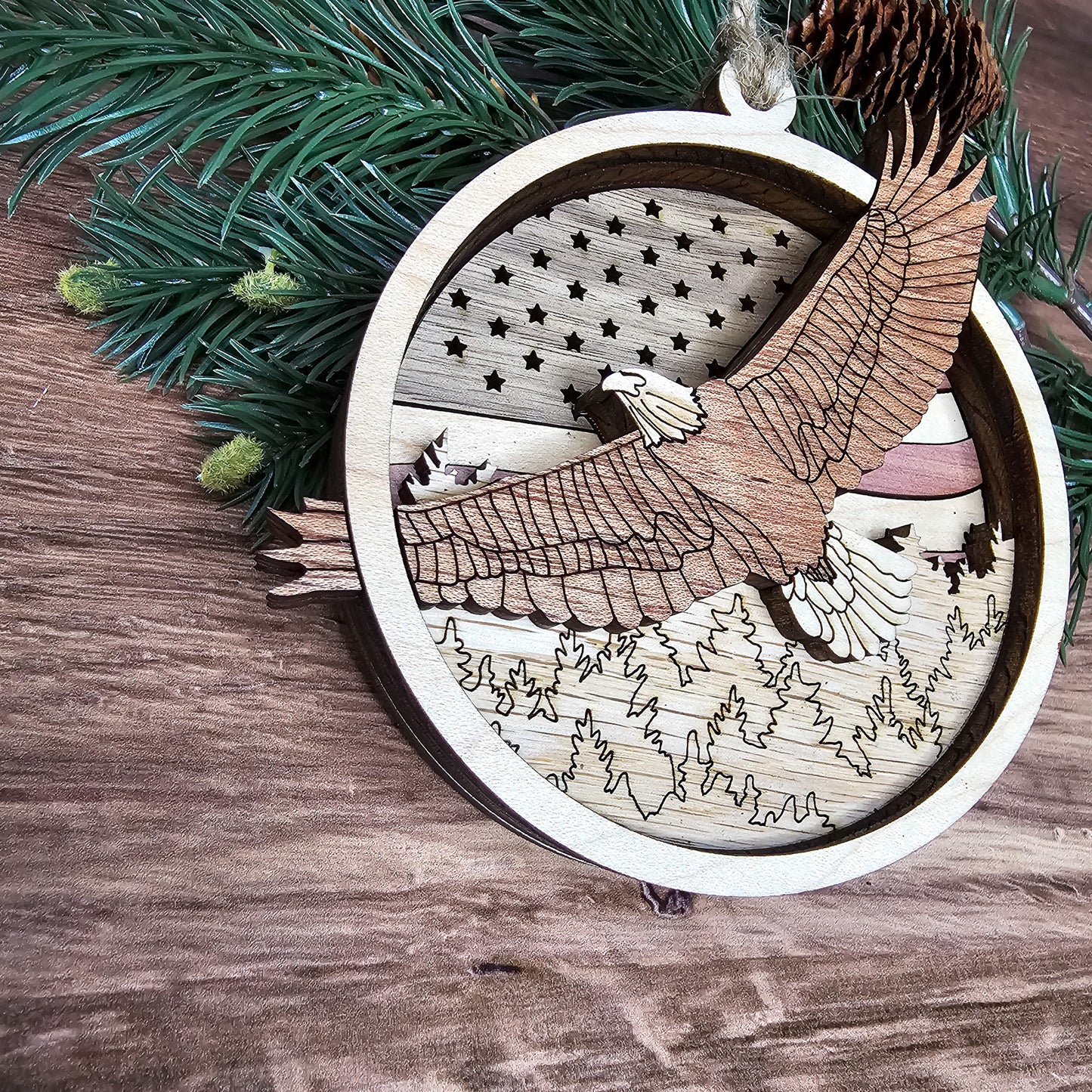 Wood Quilt Eagle Ornament-Natural