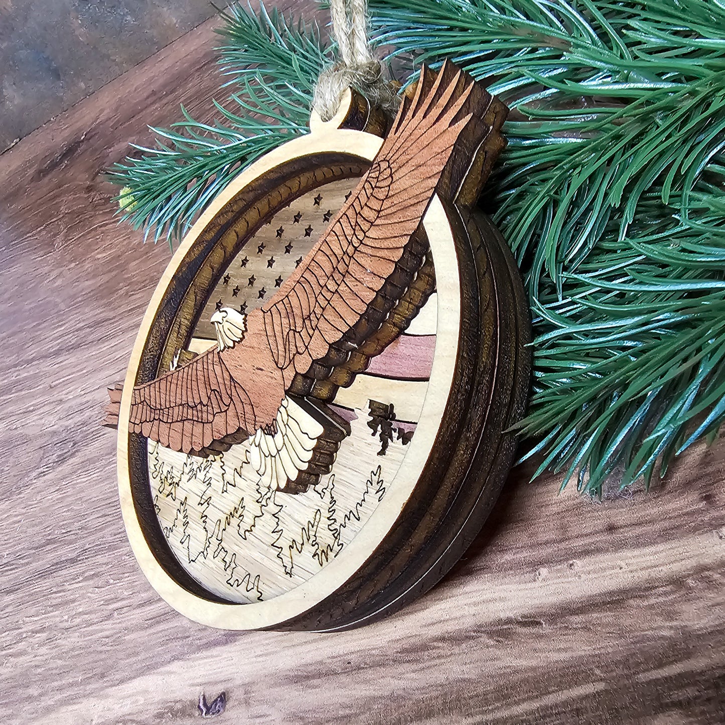 Wood Quilt Eagle Ornament-Natural
