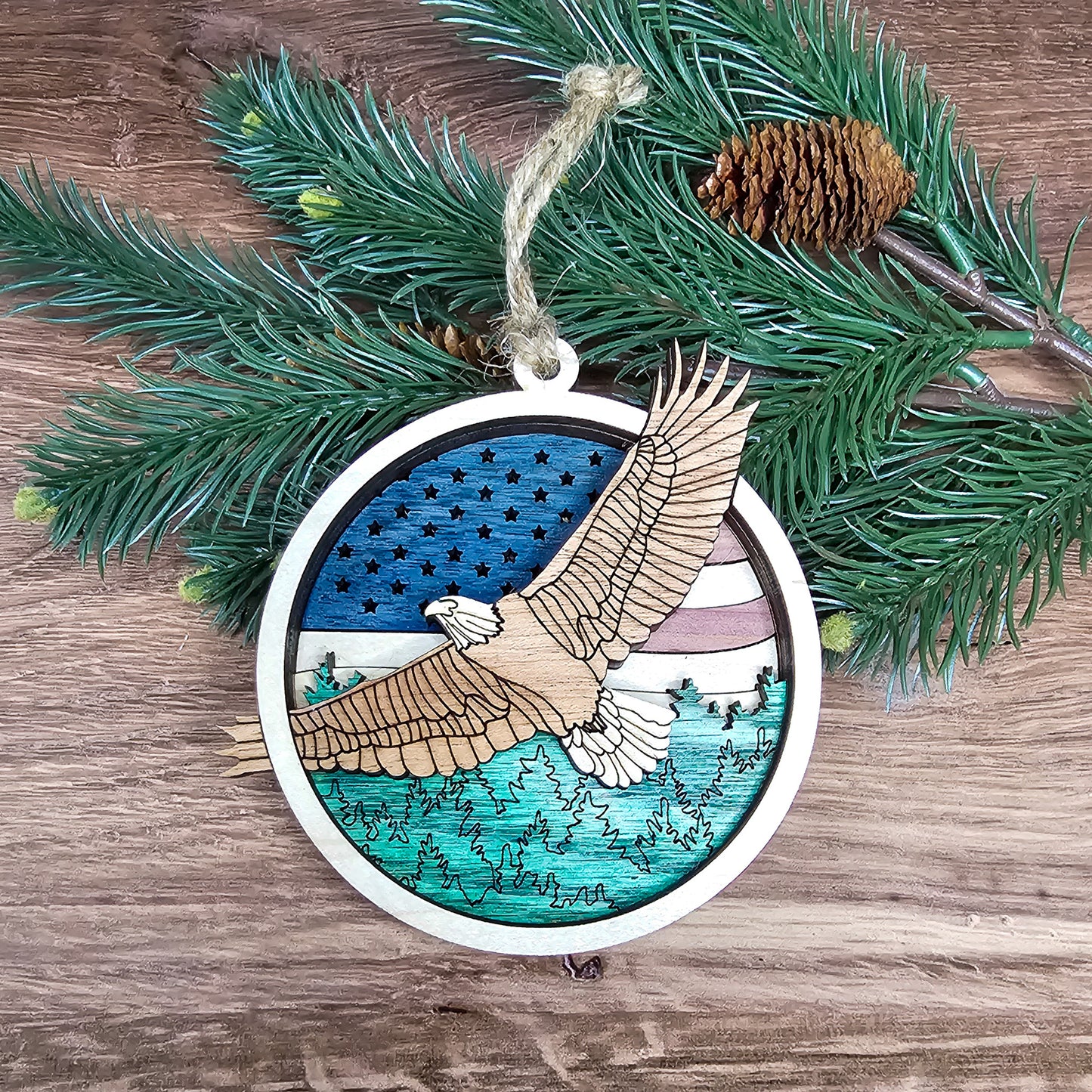 Wood Quilt Eagle Ornament-Natural