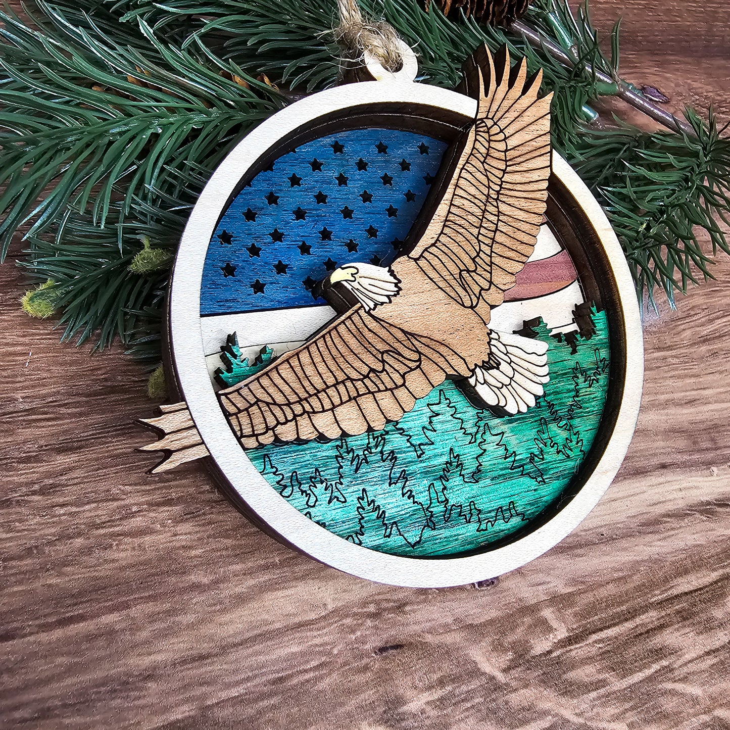 Wood Quilt Eagle Ornament-Natural