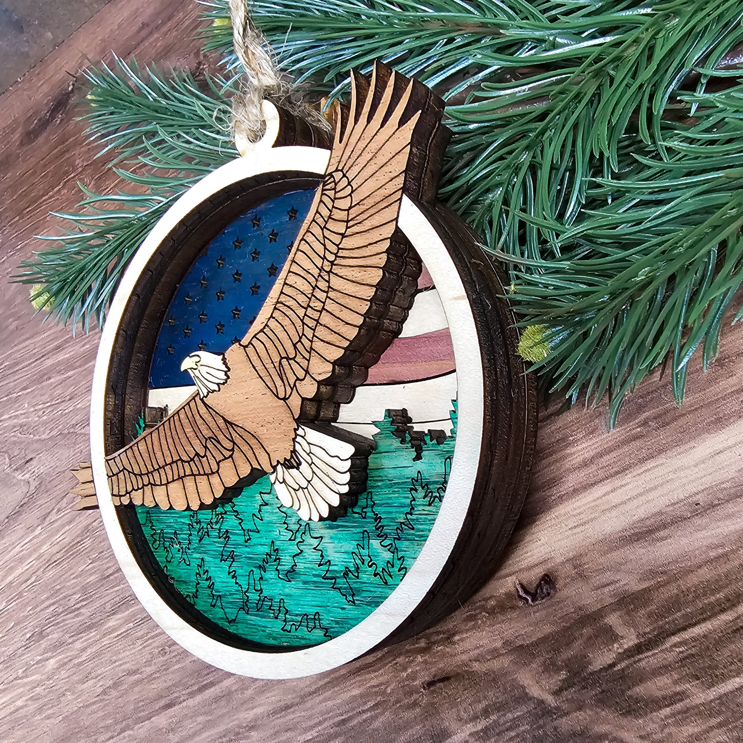 Wood Quilt Eagle Ornament-Natural