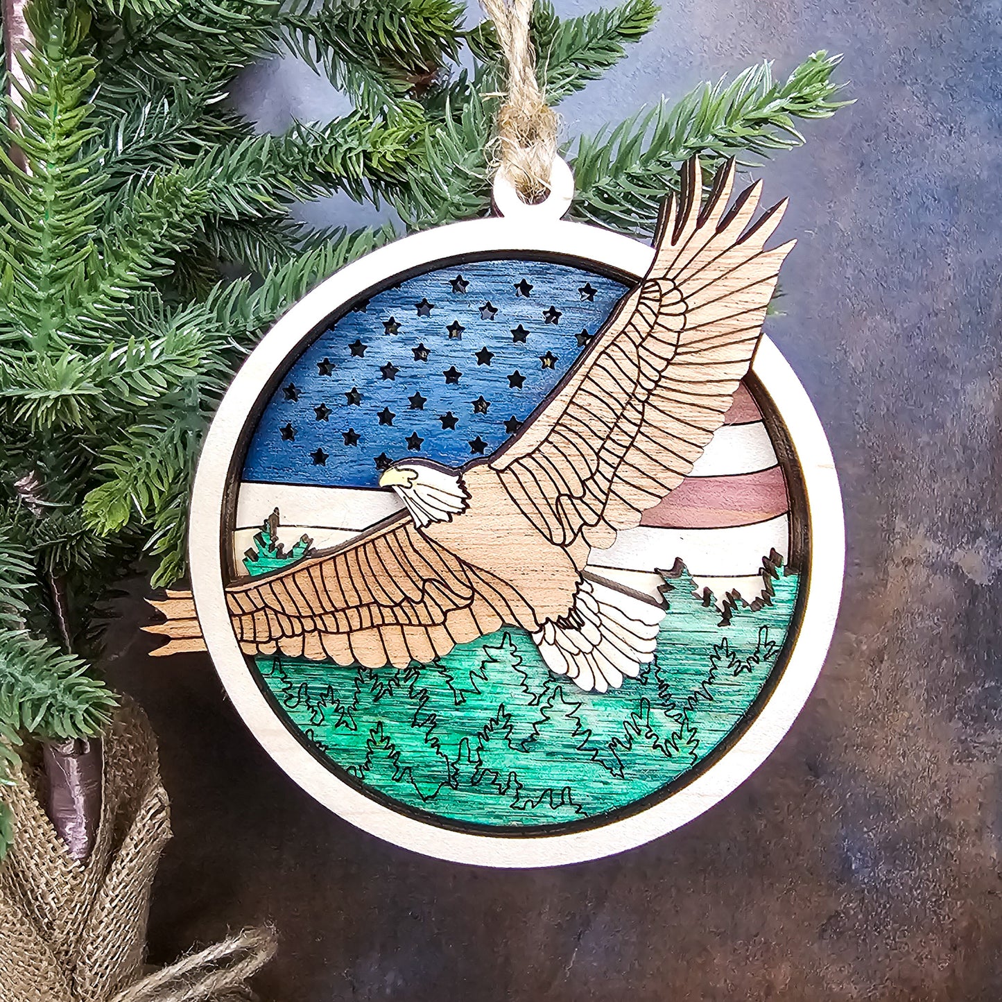 Wood Quilt Eagle Ornament-Natural