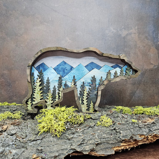 Fabric and Wood Grizzly Bear Art With Mountain and Forest Landscape