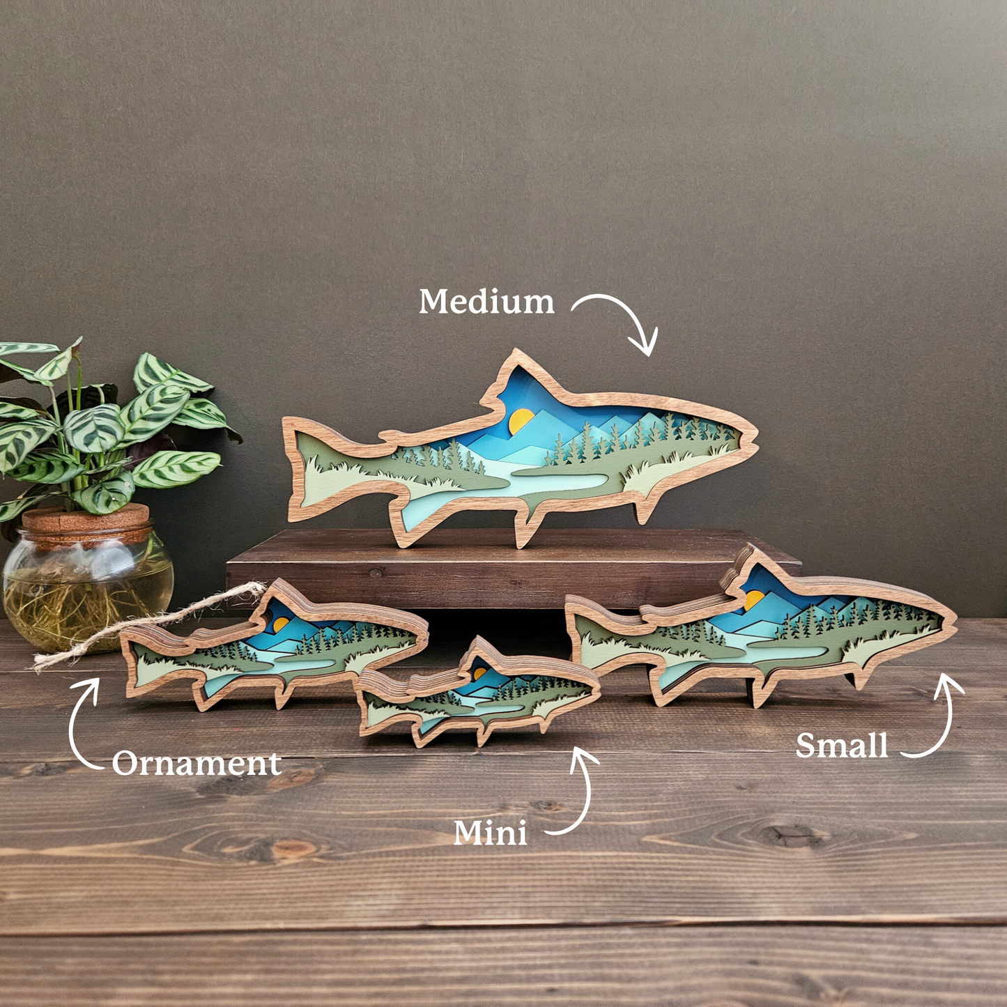 Layered Wood Fish Art With Mountains and Trees