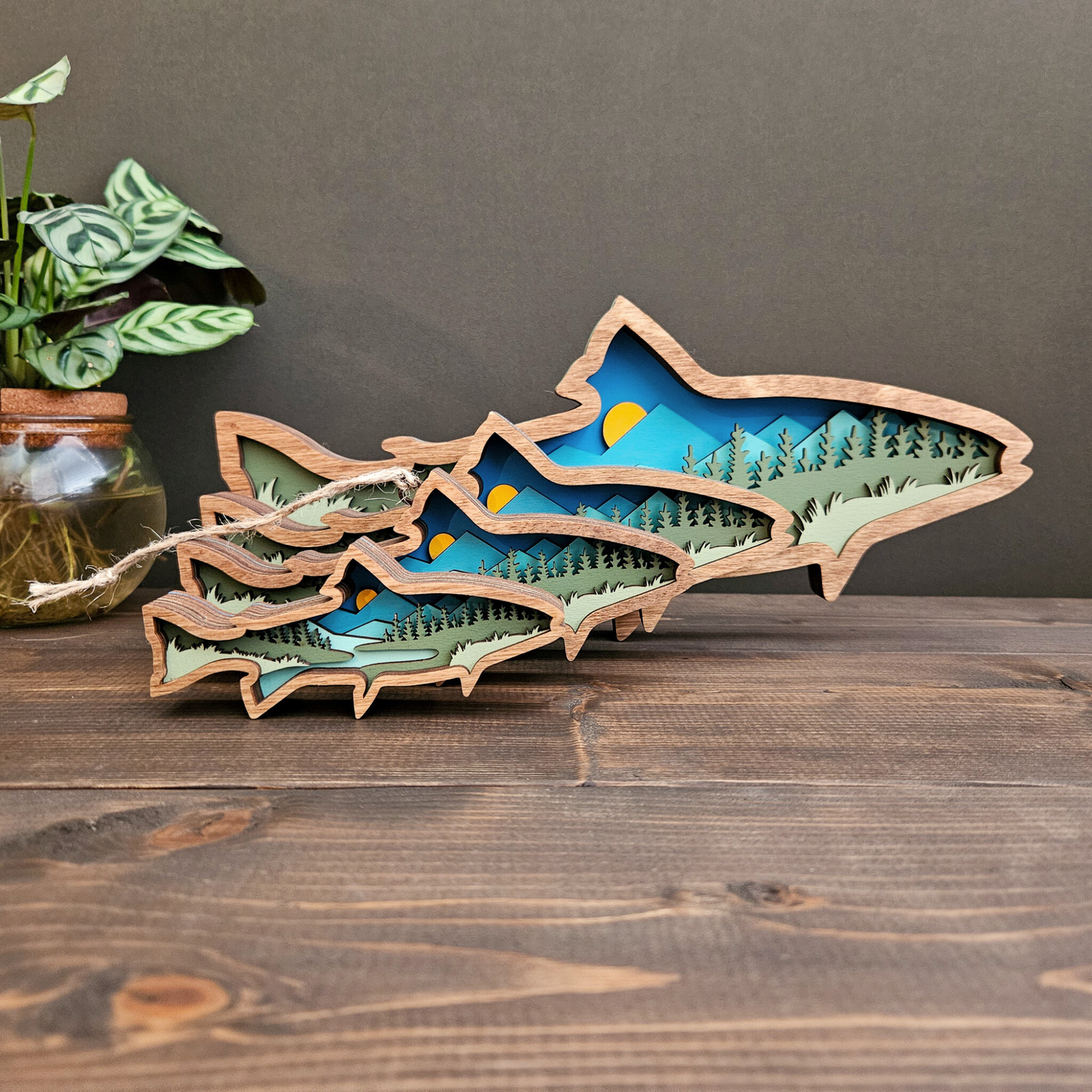 Layered Wood Fish Art With Mountains and Trees