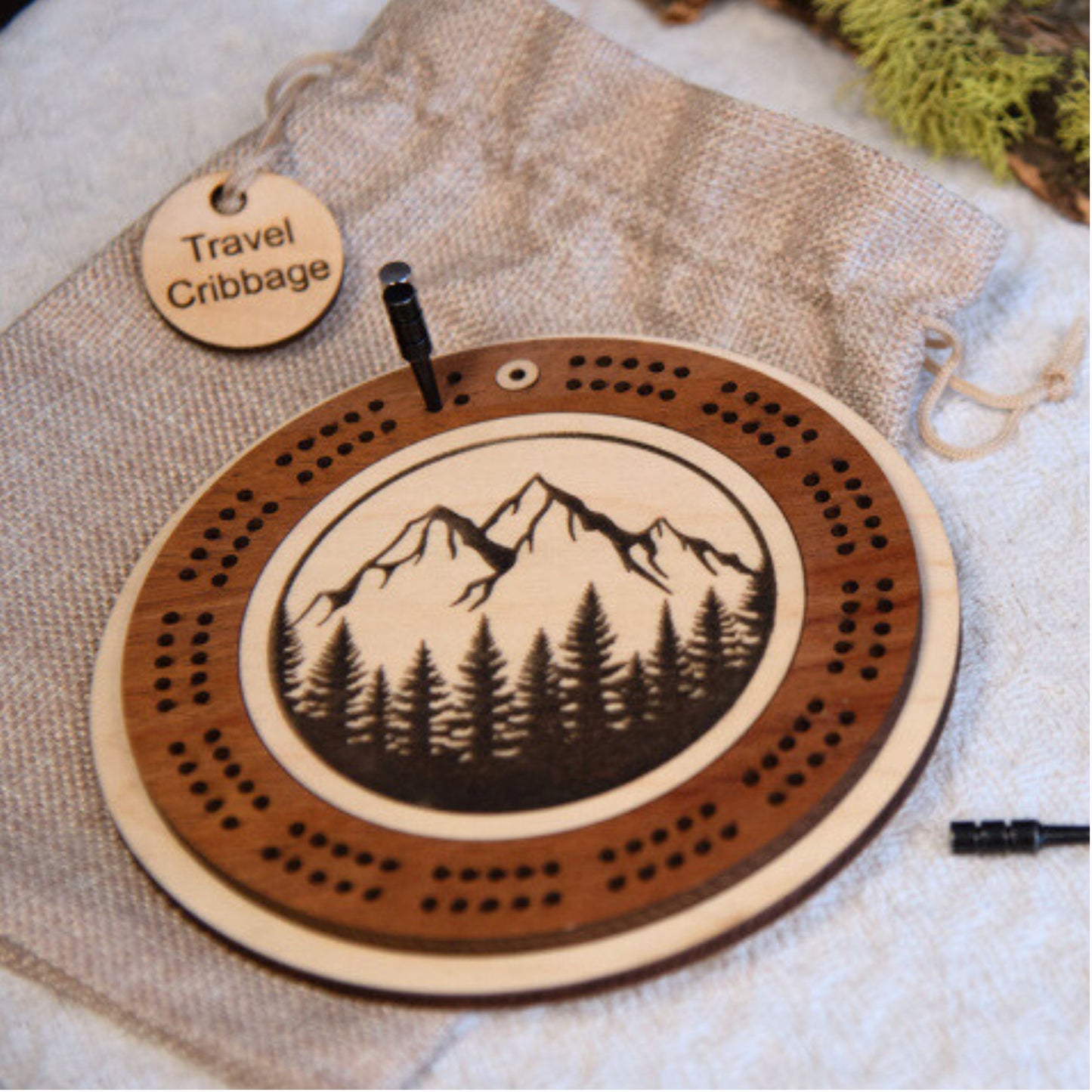 Camping Scene Engraved Mini Circle Cribbage Board