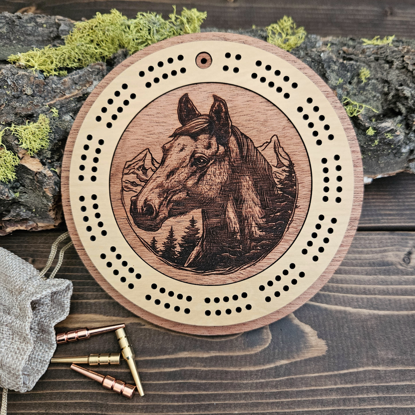 Wild Horse Engraved Mini Circle Travel Cribbage Board