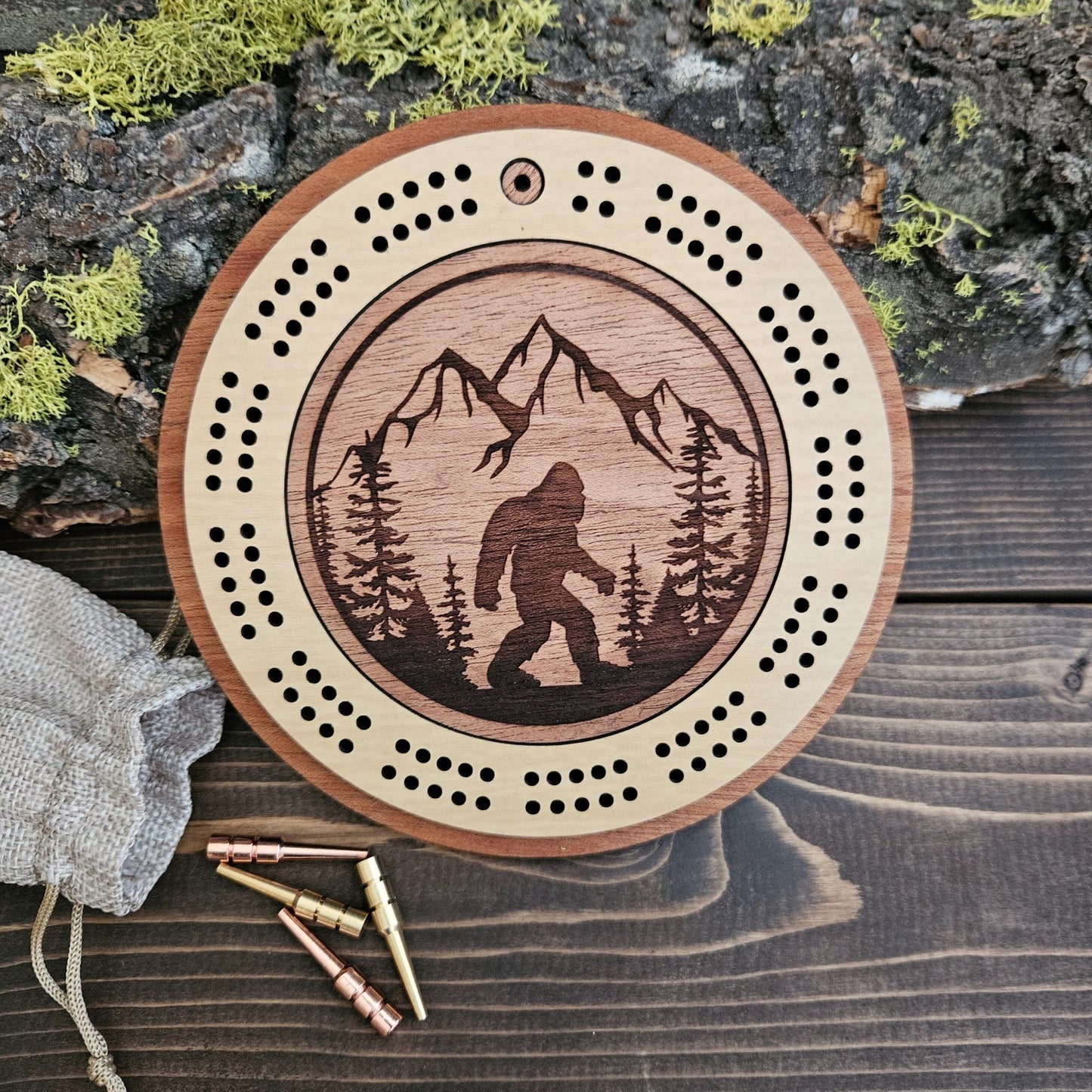 Bigfoot Engraved Mini Circle Travel Cribbage Board