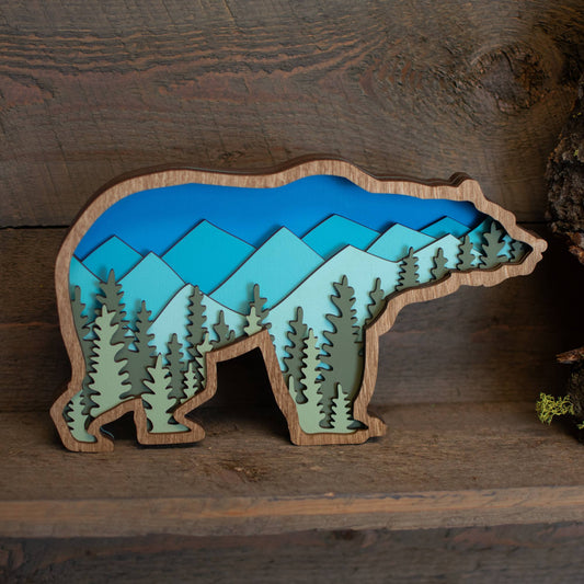 3D Layered Wood Grizzly Bear Art With Mountain and Forest Landscape