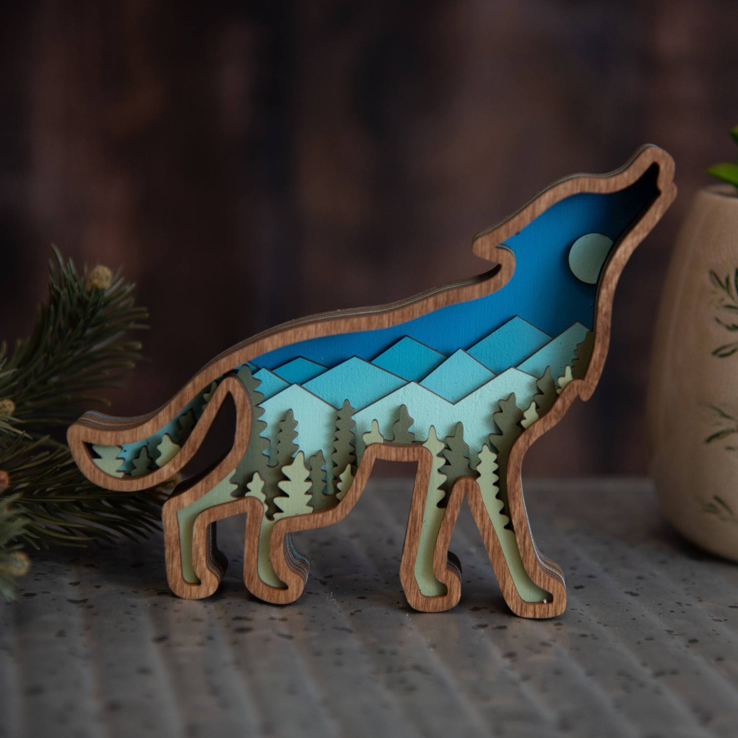 Layered Wolf Art with Mountains & Trees