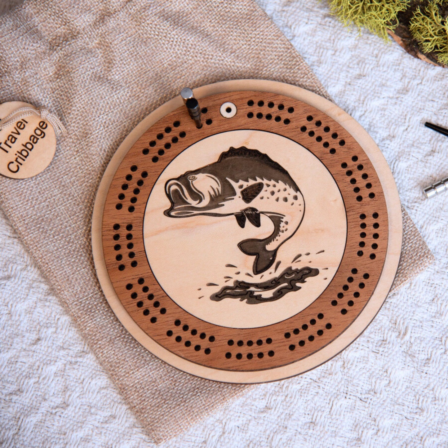 Camping Scene Engraved Mini Circle Cribbage Board