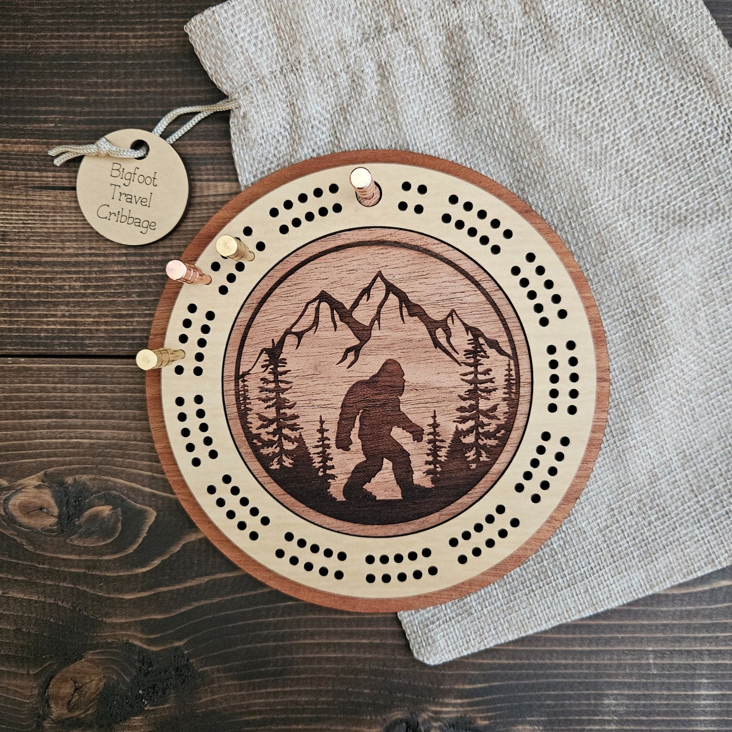Bigfoot Engraved Mini Circle Travel Cribbage Board