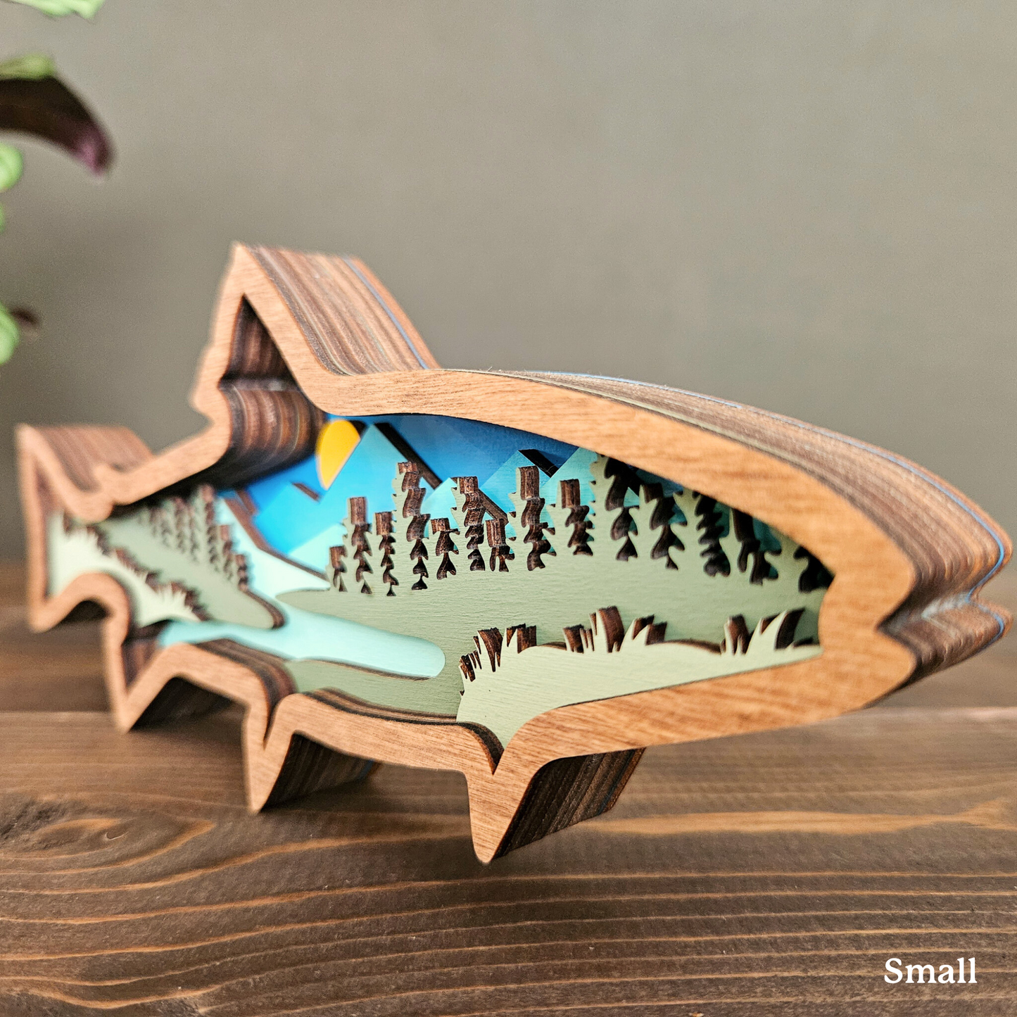 Layered Wood Fish Art With Mountains and Trees