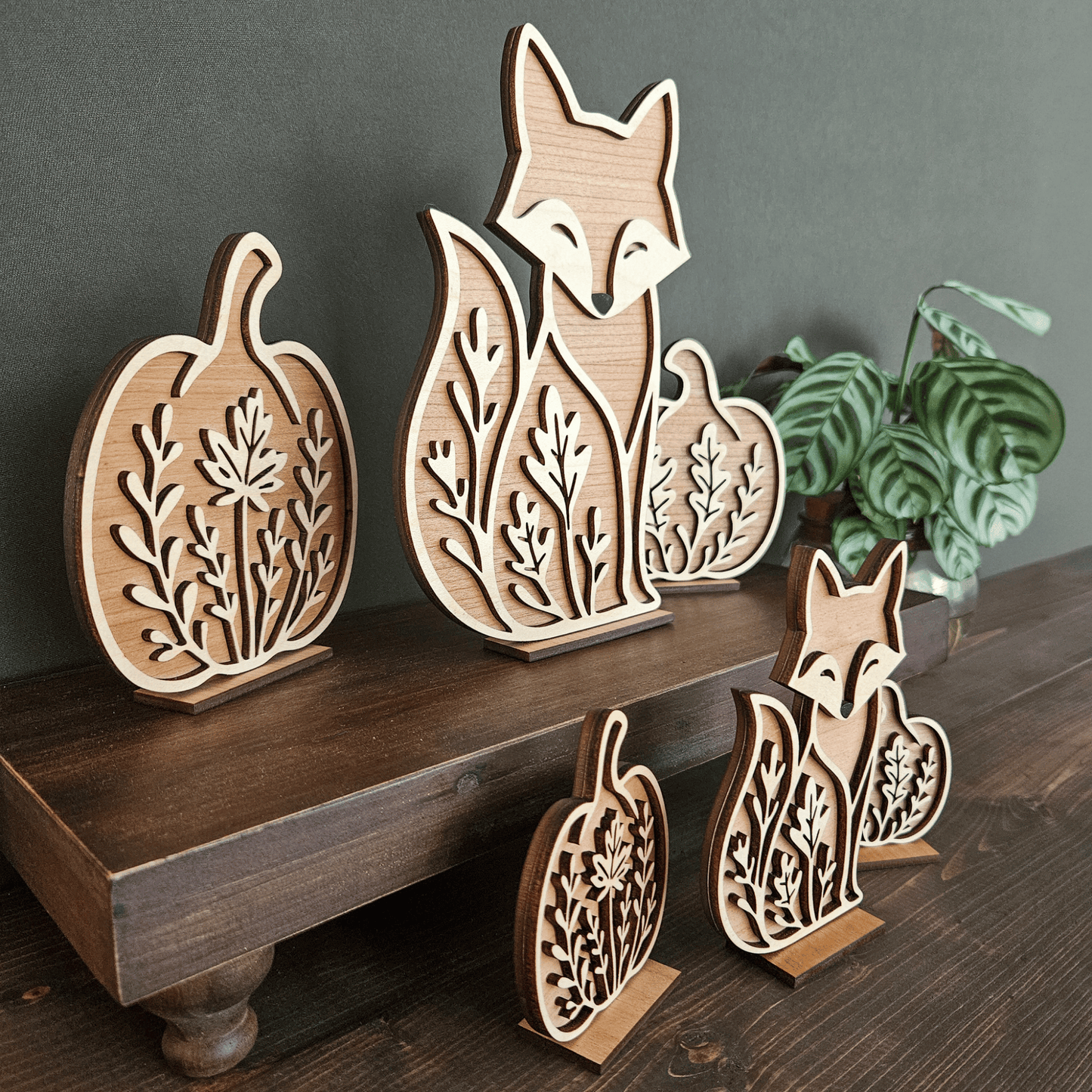 Wooden Fox & Pumpkin Trio – Mini & Large Rustic Woodland Shelf Sitters