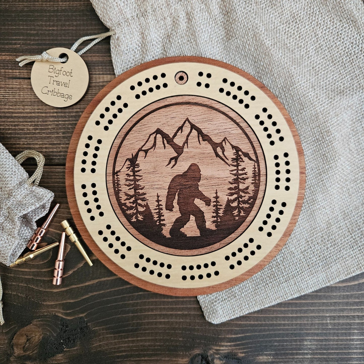 Bigfoot Engraved Mini Circle Travel Cribbage Board