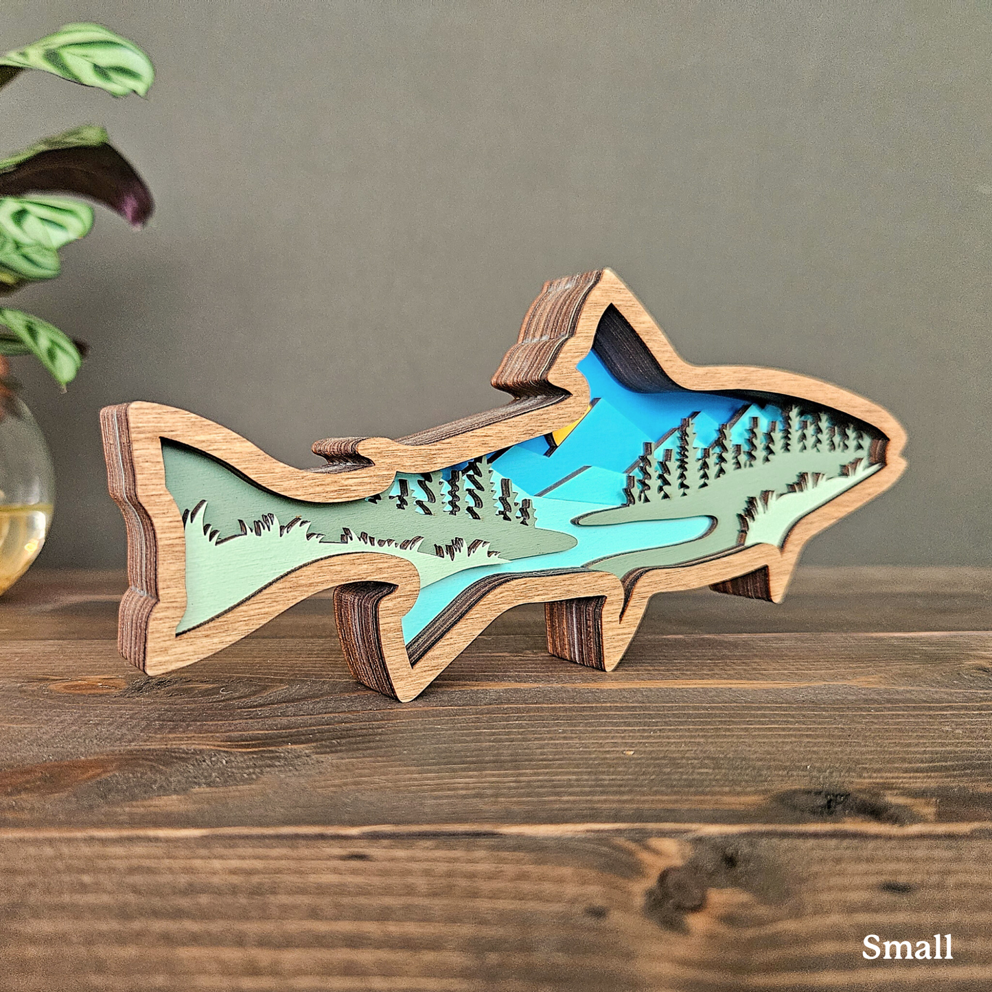Layered Wood Fish Art With Mountains and Trees