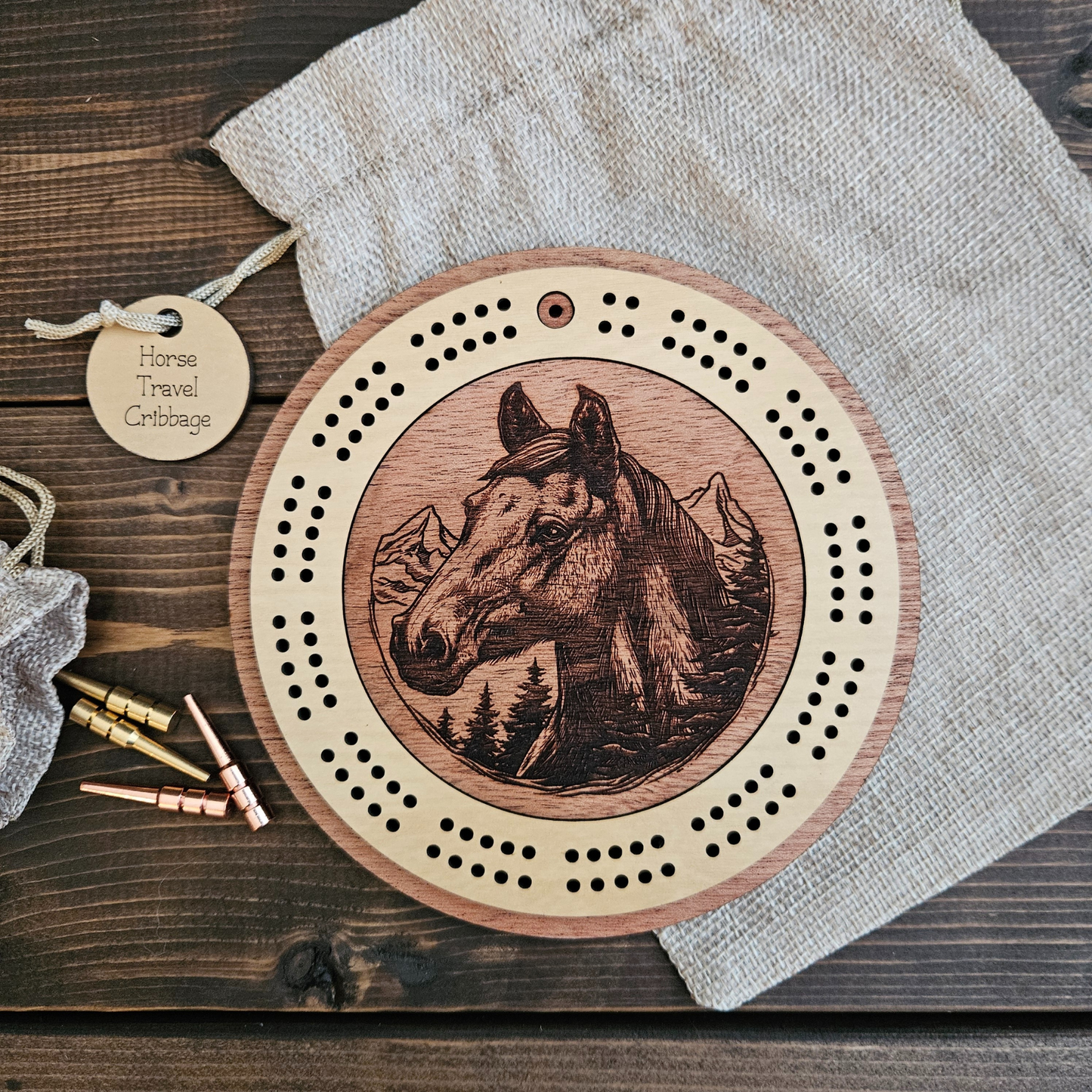 Wild Horse Engraved Mini Circle Travel Cribbage Board