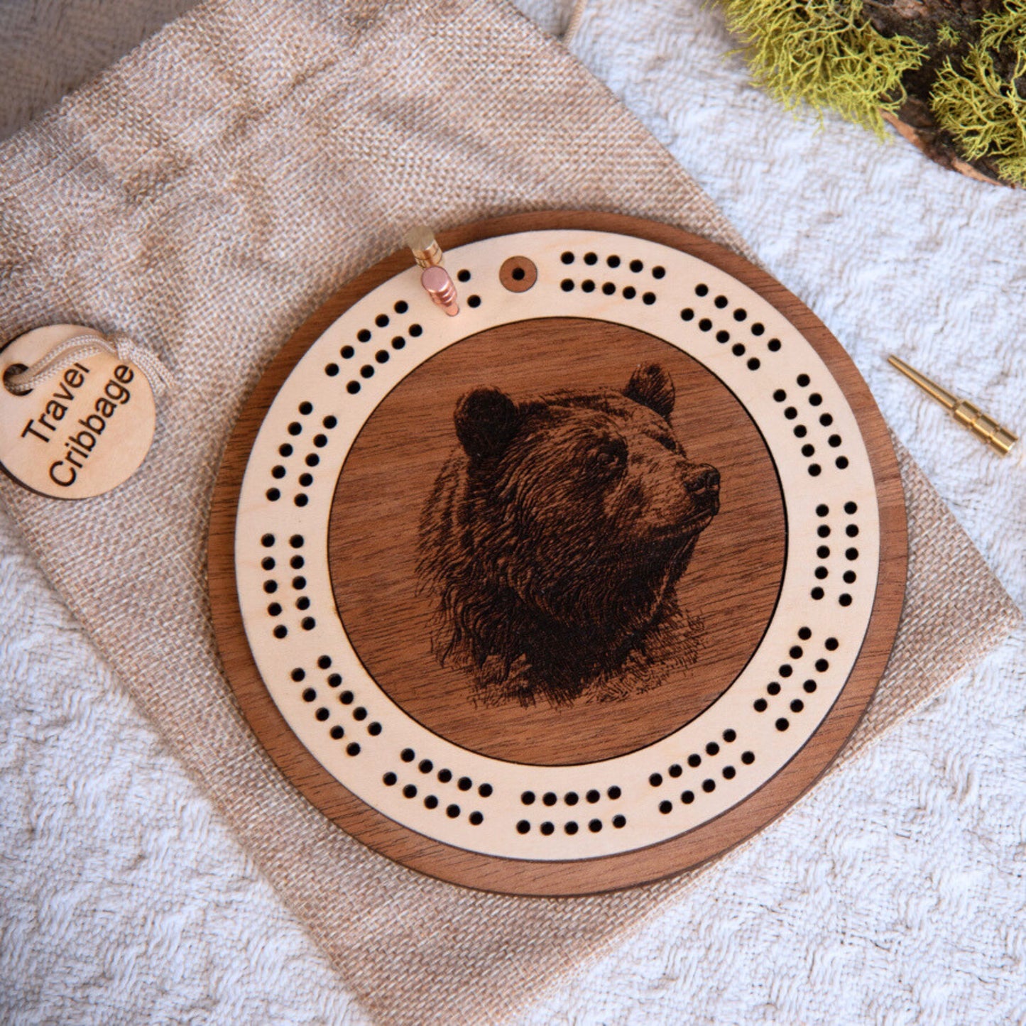 Camping Scene Engraved Mini Circle Cribbage Board