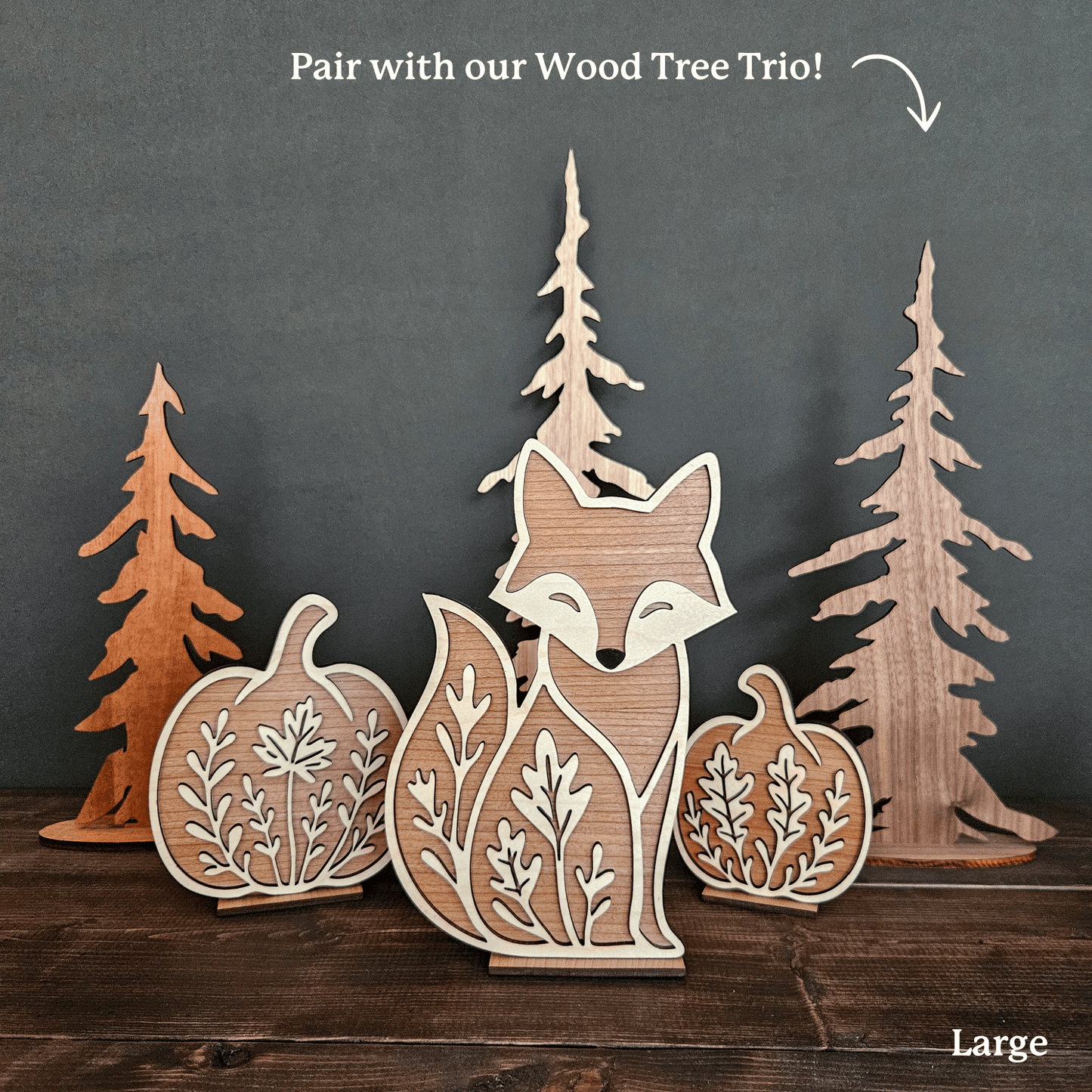 Wooden Fox & Pumpkin Trio – Mini & Large Rustic Woodland Shelf Sitters