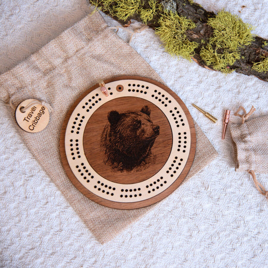 Bear Engraved Mini Travel-Sized Circle Cribbage Board