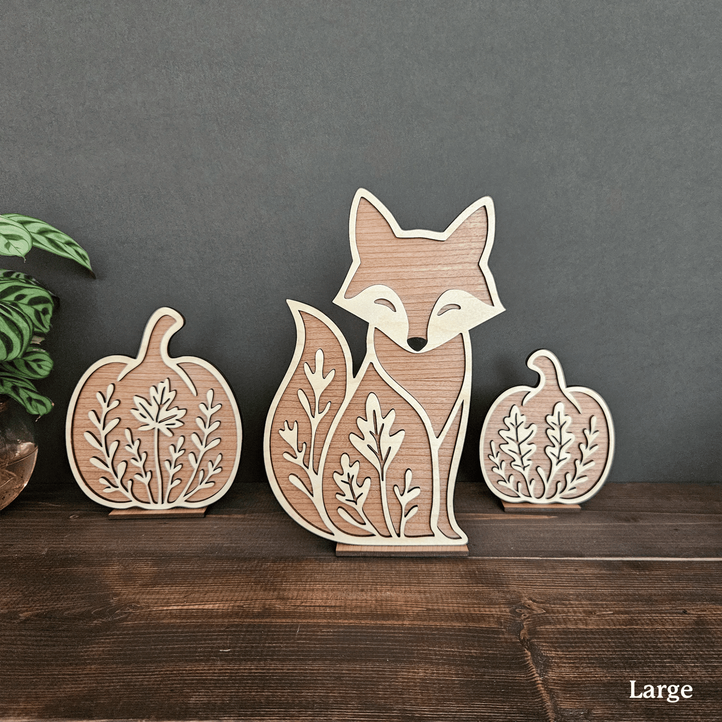 Wooden Fox & Pumpkin Trio – Mini & Large Rustic Woodland Shelf Sitters