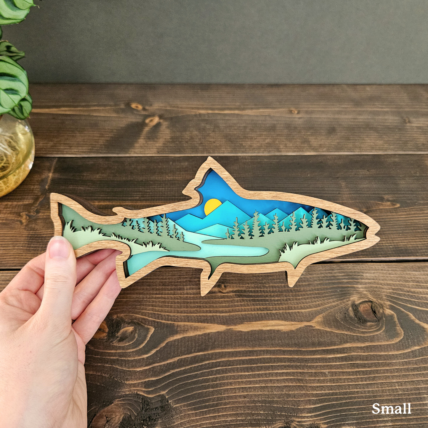 Layered Wood Fish Art With Mountains and Trees