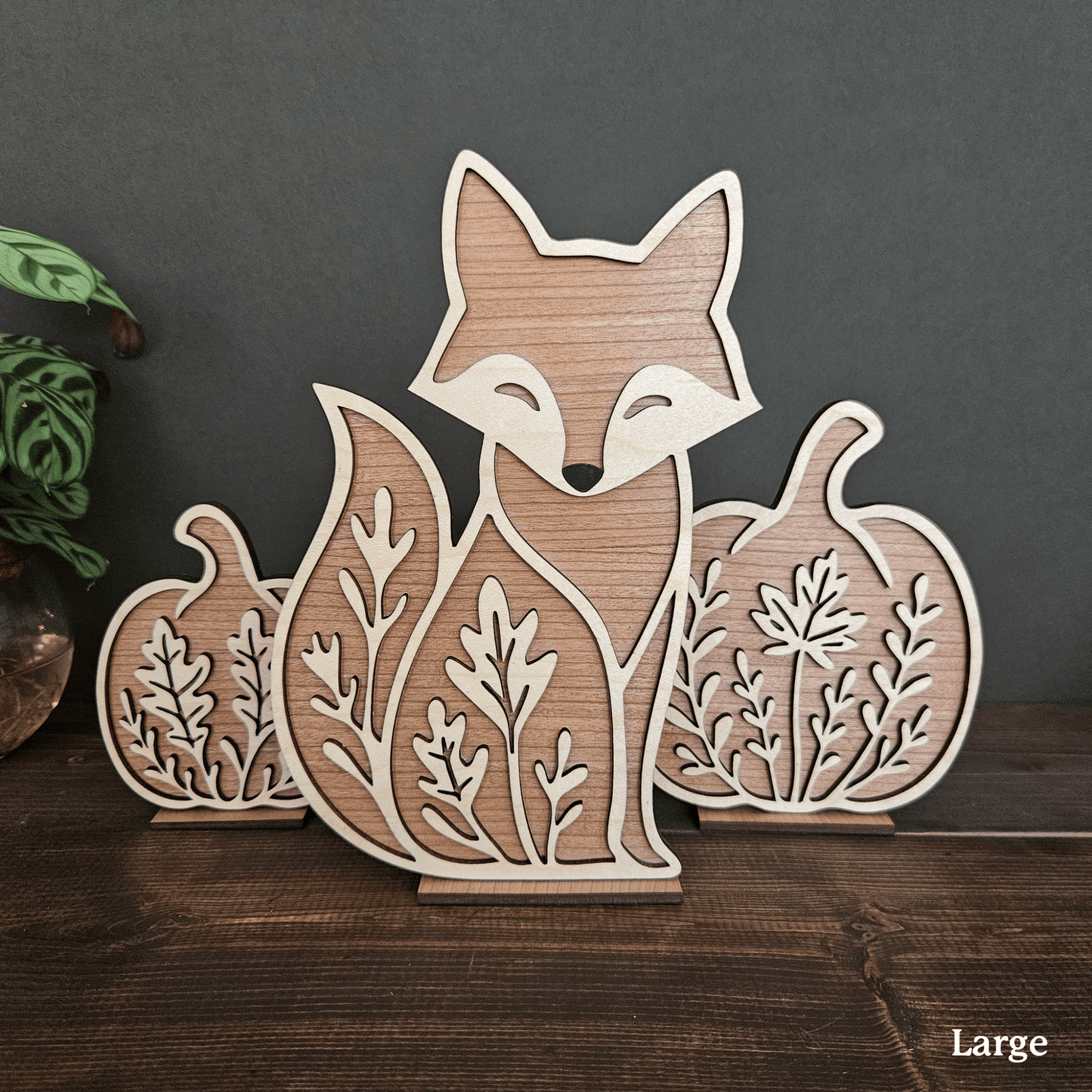 Wooden Fox & Pumpkin Trio – Mini & Large Rustic Woodland Shelf Sitters